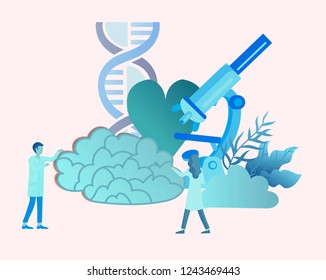 Neurology genetics concept. Flat style little people doctors medical team working, constructing DNA, researching Deoxyribonucleic acid. Brain, Creative mind, learning and design Landing page template.