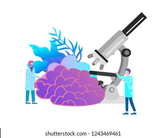 Neurology genetics concept. Flat style little people doctors medical team working, constructing DNA, researching Deoxyribonucleic acid. Brain, Creative mind, learning and design Landing page template.