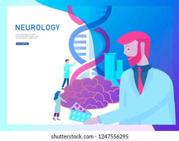 Neurology genetics concept. Flat style little people doctors medical team working, constructing DNA, researching Deoxyribonucleic acid. Brain, Creative mind, learning and design Landing page template.