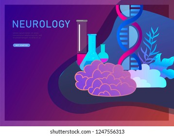 Neurology genetics concept. Flat style little people doctors medical team working, constructing DNA, researching Deoxyribonucleic acid. Brain, Creative mind, learning and design Landing page template.