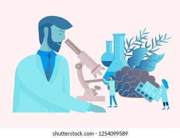 Neurology genetics concept. Flat style little people doctors medical team working, constructing DNA, researching Deoxyribonucleic acid. Brain, Creative mind, learning and design Landing page template.