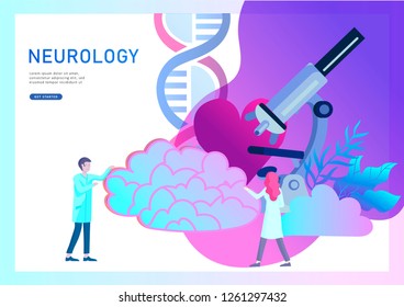 Neurology genetics concept. Flat style little people doctors medical team working, constructing DNA, researching Deoxyribonucleic acid. Brain, Creative mind, learning and design Landing page template.
