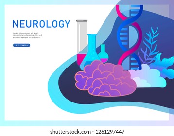 Neurology genetics concept. Flat style little people doctors medical team working, constructing DNA, researching Deoxyribonucleic acid. Brain, Creative mind, learning and design Landing page template.