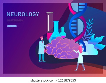 Neurology genetics concept. Flat style little people doctors medical team working, constructing DNA, researching Deoxyribonucleic acid. Brain, Creative mind, learning and design Landing page template.