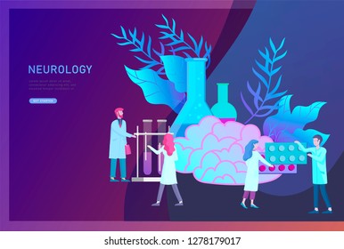 Neurology genetics concept. Flat style little people doctors medical team working, constructing DNA, researching Deoxyribonucleic acid. Brain, Creative mind, learning and design Landing page template.