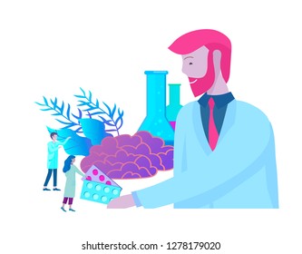 Concepto de genética neurológica. Pequeños médicos de estilo plano trabajando, construyendo ADN, investigando el ácido desoxirribonucleico. Plantilla de página de inicio de mentalidad creativa, aprendizaje y diseño.