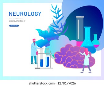 Neurology genetics concept. Flat style little people doctors medical team working, constructing DNA, researching Deoxyribonucleic acid. Brain, Creative mind, learning and design Landing page template.
