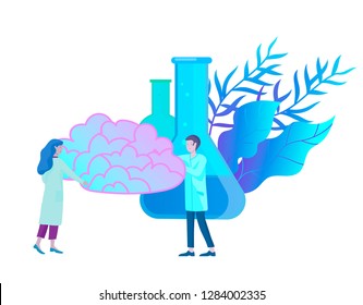 Neurology genetics concept. Flat style little people doctors medical team working, constructing DNA, researching Deoxyribonucleic acid. Brain, Creative mind, learning and design Landing page template.