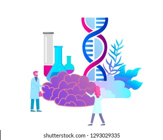 Neurology genetics concept. Flat style little people doctors medical team working, constructing DNA, researching Deoxyribonucleic acid. Brain, Creative mind, learning and design Landing page template.