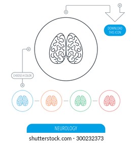 Neurology icon. Human brain sign. Line circle buttons. Download arrow symbol. Vector