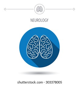 Neurology icon. Human brain sign. Blue flat circle button. Linear icon with shadow. Vector