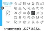 Neurology Icons Set. Thin Linear Illustrations of Brain, Neuron, Spinal cord, Synapse, MRI and CT Scan, Perceptions, Mental Health Diagnostics and Examination. Isolated Outline Vector Signs. 