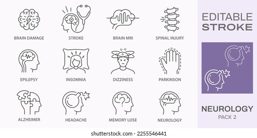 Neurology icons, such as alzheimer, parkinson, insomnia, brain mri and more. Editable stroke.