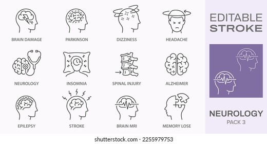 Neurology icons, such as alzheimer, parkinson, insomnia, epilepsy and more. Editable stroke.