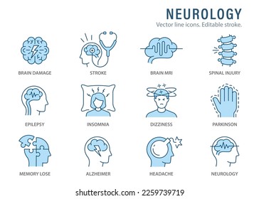 Neurology icons, such as Alzheimer's disease, Parkinson, insomnia, memory impairment and more. Editable stroke.