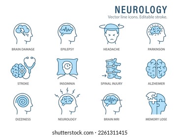 Neurology icons, such as Alzheimer's disease, spinal injury, insomnia, memory impairment and more. Editable stroke