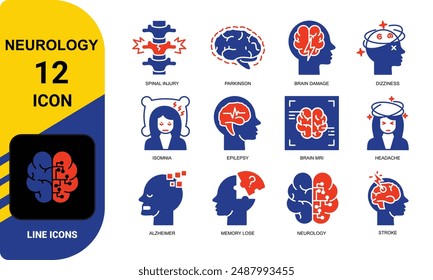 Neurology icons such as Alzheimer's disease, Parkinson, insomnia, epilepsy and more. Editable stroke.