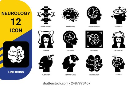 Neurology icons such as Alzheimer's disease, Parkinson, insomnia, epilepsy and more. Editable stroke.