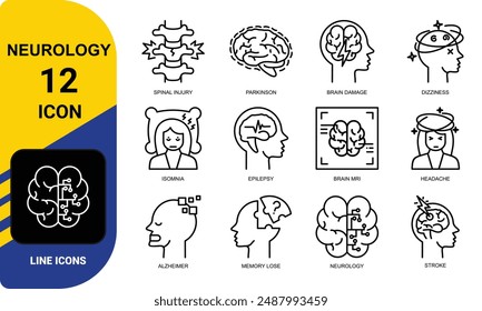 Neurology icons such as Alzheimer's disease, Parkinson, insomnia, epilepsy and more. Editable stroke.