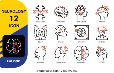 Neurology icons such as Alzheimer's disease, Parkinson, insomnia, epilepsy and more. Editable stroke.