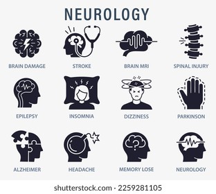 Neurology icons, such as spinal injury, Parkinson, insomnia, headache and more. Isolated vector illustrations.