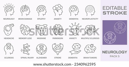 Neurology icons, such as stress, dementia, multiple sclerosis, epilepsy and more. Editable stroke.