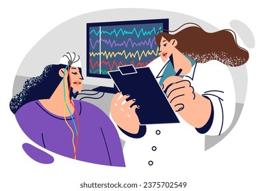 Neurology laboratory patient sits near doctor performing EEG procedure to identify causes headache. Doctor stands near medical monitor with EEG lines and gives recommendations to diseased female