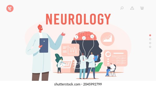Neurology Landing Page Template. Doctor Neurologist, Neuroscientist, Physician Characters Study Brain Connected to Display with Eeg Electroencephalography Indication. Cartoon Vector Illustration