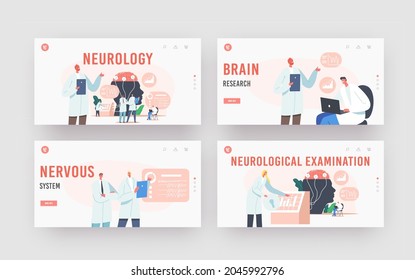 Neurology Landing Page Template Set. Doctor Neurologist, Neuroscientist, Physician Characters Study Brain Connected to Display with Eeg Electroencephalography Indication. Cartoon Vector Illustration
