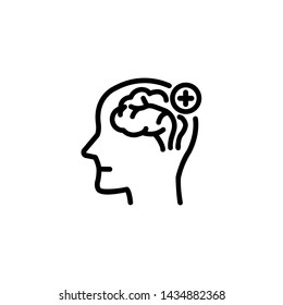 Neurology line icon. Side view, human head, plus symbol in circle. Neurology concept. Vector illustration can be used for topics like medicine, neuroscience, mental health