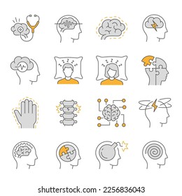 Neurology line icons, such as Alzheimer's disease, Parkinson, insomnia, memory impairment and more. Editable stroke.