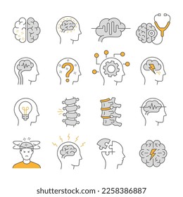 Neurology line icons, such as intervertebral hernia, hernia, insomnia, memory impairment and more. Editable stroke.