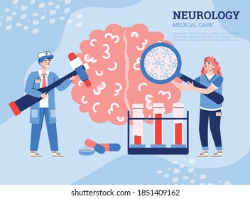 Neurology medical care banner with tiny doctors examining human brain, flat cartoon vector illustration. Alzheimer disease and dementia, memory loss neurological problems.