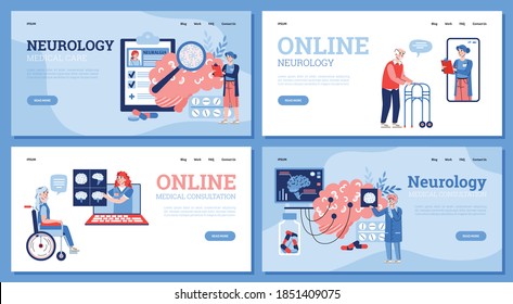 Neurology medical care and online professional consultation website banners set with cartoon people, flat vector illustration. Human brain neurological diseases.