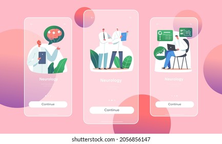 Neurology Mobile App Page Onboard Screen Template. Doctor Neurologist, Neuroscientist, Physician Characters Study Brain Electroencephalography Indicators Concept. Cartoon People Vector Illustration