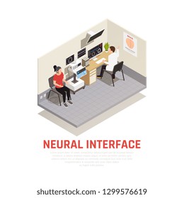 Neurology and neural interface isometric concept with brain research symbols vector illustration