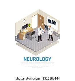 Neurology and neural research isometric composition with healthcare symbols vector illustration