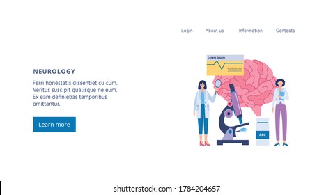 Neurology and neurobiology clinic web page interface with neurologist doctors characters, flat vector illustration. Medical Neurological diagnosis center.