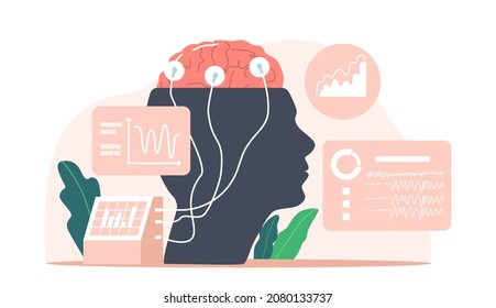 Neurology, Neuroscience, Electroencephalography Concept. Neurologist, Neuroscientist, Physician Equipment for Studying Brain Connected to Display with Eeg Indication. Cartoon Vector Illustration