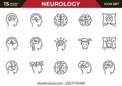 Neurology outline icons set, such as Alzheimer's disease, spinal injury, insomnia, memory impairment and more. Editable stroke.