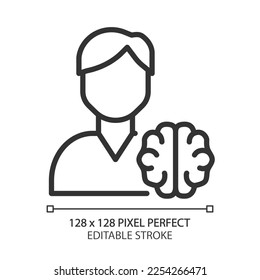 Neurology pixel perfect linear icon. Diagnostics and treatment of brain disorders. Neural system. Spinal cord. Thin line illustration. Contour symbol. Vector outline drawing. Editable stroke
