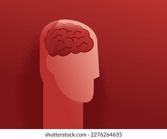 Neurology, psychology or brainstorming idea concept - human brain in abstract grungy decoration - vector illustration on red background