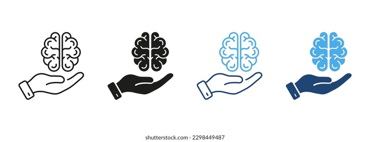 Neurology, Psychology Line and Silhouette Color Icon Set. Human Brain with Hands Pictogram. Education, Logic Analysis, Memory, Mind Symbol Collection on White Background. Isolated Vector Illustration.