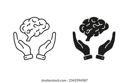 Neurology, Psychology Line and Silhouette Icon Set. Human Brain with Hands Pictogram. Education, Logic Analysis, Memory, Mind Symbol Collection on White Background. Isolated Vector Illustration.