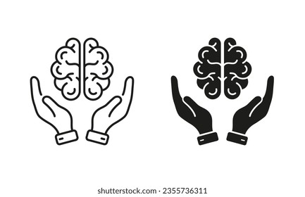 Neurology, Psychology Line and Silhouette Icon Set. Human Brain with Hands Pictogram. Education, Logic Analysis, Memory, Mind Symbol Collection on White Background. Isolated Vector Illustration.