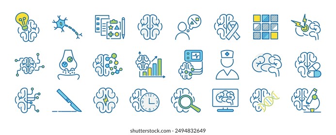 Neurology related icon set in blue, yellow, green. Neuron, axon, dendrite, synapse, headache, eeg, brain biochemistry, cancer, psychometric tests, Blocks vector illustration. Editable Strokes