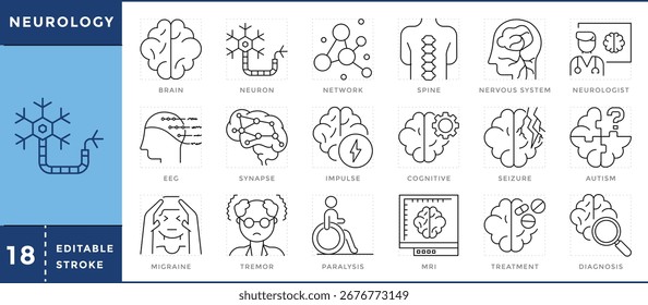 Neurology related icons set. Human brain, neuron cell, spinal cord, Nervous system, EEG, MRI, doctor, and many more. Vector editable stroke.