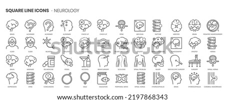 Neurology related, pixel perfect, editable stroke, up scalable square line vector icon set. 