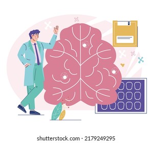 Neurology and research of disorders of nerves and the nervous system, vector illustration isolated on white background. Brain research and disease diagnostic.
