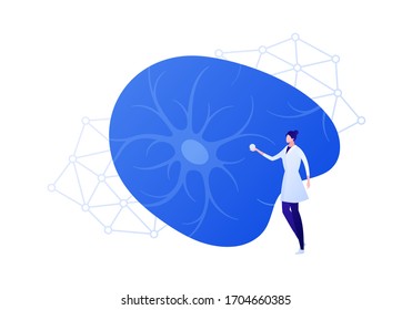Neurology science and brain research concept. Vector flat person illustration. Female standing scientist studying neuron sign. Design element for medical banner, web ui, psychology infographic.